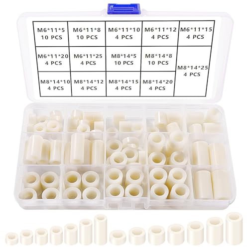 YIXISI 80 Stücke Kunststoff Rund Abstandshalter Kit, für M6 / M8 Schrauben, Distanzscheiben Ohne Gewinde Säulen, OD 11/14 mm, Weiß