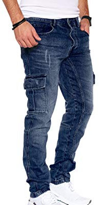 Styleko Herren Cargo Jeans Hose für Männer Jungen Regular Slim Fit Denim Destroyed Jogger Freizeithose Casual Pants Stretch | 7 Taschen 8003 (Dark Blue, 30/32)