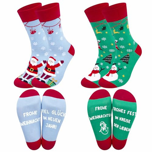 Chalier Cozy 2 Paar Lustige Weihnachtssocken für Herren Damen Weihnachten farbigen gemusterten Weihnachts Strick Crew Socken Geschenk Weihnachtsmann Neuheit Socken, Einheitsgröße