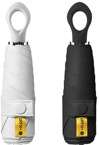 NZZVNZ 2 Stück Ultraleichter Regenschirm Mini, Regenschirm Sturmfest Faltbar mit UV Schutz 6 Rippen Kleiner Reisen Alltag Kompakter Taschenschirm Sonnenschirm für Damen Herren Kinder