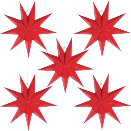 CHENYU 5 Stück 9 Zacken Papiersterne zum Aufhängen Rot 3D | 30cm 45cm Weihnachtsdeko Papierstern für Fenster Weihnachtsdekoration Hochzeit Geburtstag Tischdeko Weihnachtsbaum