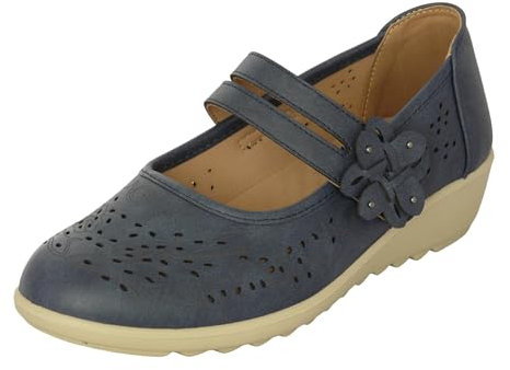 Cushion Walk EEE Extra-Wide Fit Women's Ladies Lightweight Faux Leather Mary Jane Low Wedge Bar Shoes (5 UK EEE, Navy)