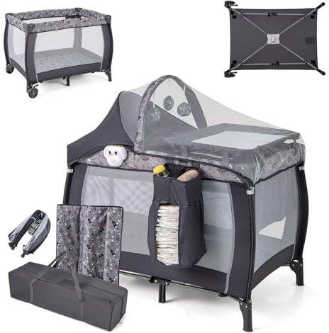 COSTWAY 4 en 1 Lit Parapluie Bébé avec Matelas & Moustiquaire, Lit Bébé Évolutif avec Table à Langer, 3 Jouets Mignons & Boîte à Musique, Sac de Transport, Charge 15kg pour 0-36 Mois