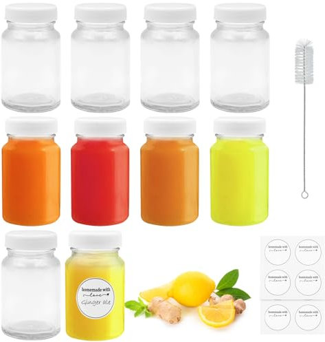 10Pcs 2oz/60ml Glass Shot Bottles with Lids, Reusable Mini Small Glass Bottles with Lids Clear Glass Shot Bottles with Cleaning Brush & Labels for Juice, Ginger, Sauce, Wellness Shot, Medicine