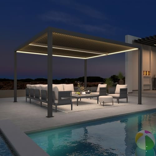 PURPLE LEAF Pergola Bioclimatique 4,24 x 3,68 m Pergola Aluminium avec Bande Lumineuse LED Pergola Jardin Extérieur Lames Orientables Tonnelle de Jardin Imperméable pour Terrasse Carport, Gris