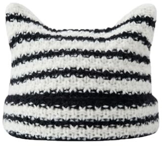 Axvxby Strickmützen für Damen gestreifte Strickmütze mit Katze Ohr Wollmütze Vintage Niedliche Kapuze Elastisches Winterhüte für Damen Frauen