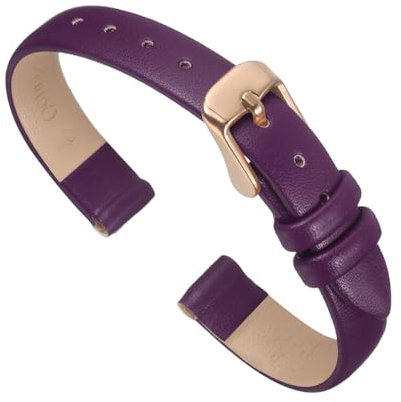 QUARKZMAN Bracelet Montre en Cuir 10mm de Largeur Violet Bracelet de Montre Plat, Fin et Élégant en Cuir Véritable avec Boucle Or Rose pour Homme et Femme