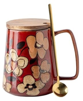 Keninll Tasse en céramique, tasse vintage fleur, grande capacité 700 ml avec poignée et couvercle cuillère, tasses à café, lait, thé chaud, rouge