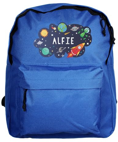 Custom Personalised Space Blue Backpack, Adjustable Padded Straps, Front Zip Pocket, 3-11 Years. Back to school