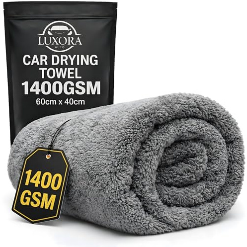 Car Drying Towel Small 60cm x 40cm 1400 GSM Twisted Loop Microfibre - Grey Drying Towel Car Detailing, Double-Sided Edgeless Design, Super Absorbent, Durable Machine Washable and 100% Lint-Free