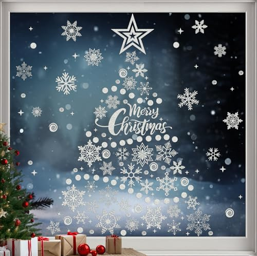 AMLOOPH Weihnachtsdeko Fenster Schneeflocken, 9 Bögen Silber Schneeflocken Deko Fensterbilder Weihnachten, Wiederverwendbare PVC Fensterdeko Winterdeko Innen, Weihnachtsaufkleber Ohne Kleber