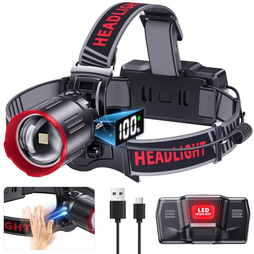 ET Super Bright LED Head Torch Rechargeable, 100000 Lumens Headlamp | 6 Modes, Waterproof, 120° Adjustable, Zoomable, Motion Sensor, Lightweight Comfortable Headlight for Camping Fishing Hiking
