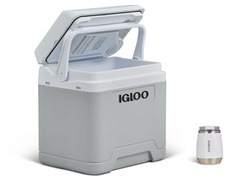 IGLOO IE24 DC elektrische Kühlbox, 24L, Mini-Kühlschrank 12V für Auto, Boot, Freizeit, grau & Wine Weinbecher – Doppelwandiger Edelstahl Thermobecher mit Deckel, weiß, 300ml für unterwegs, Camping