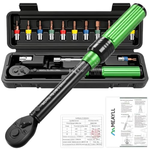 15-teiliges kleiner Drehmomentschlüssel Fahrrad Set 2-24 Nm, 1/4 Zoll Torque Wrench mit ±3 % Genauigkeit, 72 Zähne, inkl. 12 Bits, 1/4 auf 3/8 Adapter & Verlängerung für MTB und E-Bike-Reparatur