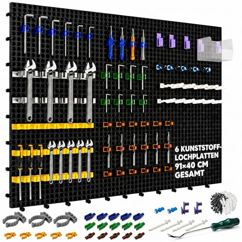 Lochwand Werkzeugwand Organizer Set aus Kunststoff, 6 schwarze Platten (Gesamtgröße 91 x 40 cm), mit 200 Zubehörteilen wie Haken, Clips, Boxen & Halter, für Garage, Werkbank & Bastelzimmer