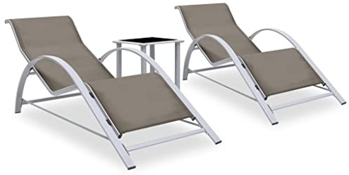 Tmriohed Sonnenliegen 2er Set mit Tisch, Gartenliege ergonomisch aus Textilene und Aluminium, Outdoor Relaxliege Set inklusive Beistelltisch mit Glasplatte, Taupe