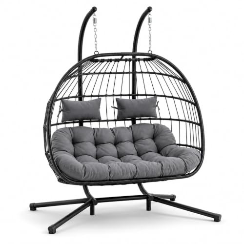 Silla Colgante Doble Huevo 2 Personas – Columpio de Ratán PE con Cojín de Alta Densidad, Doble Arco de Acero, Muelles de Alta Resistencia y Base Antideslizante para Terraza, Jardín, Balcón e Interior