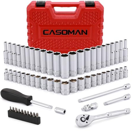 CASOMAN 1/4-Inch Drive Master Socket Set with Ratchets, Adapters, Extensions with 1/4’‘ Dr. Bits Set, Inch/Metric, 6-Point, 5/32-Inch - 9/16-Inch, 4 mm - 14 mm, 62-Piece 1/4 Dr. Socket Set