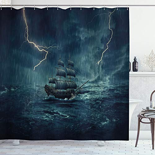 ABAKUHAUS Schiff Duschvorhang, Pirate Vintage Schiffs, Stoffliches Gewebe Badezimmerdekorationsset mit Haken, 175 x 220 cm, Dunkelblau Weiß