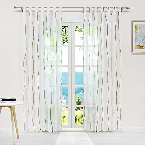 ESLIR Gardinen mit Schlaufen Vorhänge Gardinenschals Transparent Schlaufenschal Wellen Muster Voile Sand BxH 140x175cm 1 Stück