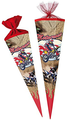 Schultüte - Motorrad - Motocross - Enduro - 85 cm - 6 eckig - Tüllabschluß - Zuckertüte - mit/ohne Kunststoff Spitze - Nestler - Jungen Junge - Geländemotor..