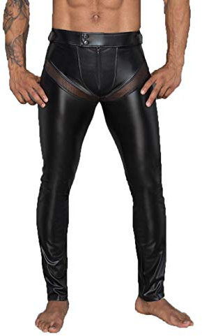 Noir Handmade Men Collection Herren Wetlook-Longpants schwarz mit Einsätzen und Taschen aus Netzmaterial Lange Männer Gogo und fetisch Hose L