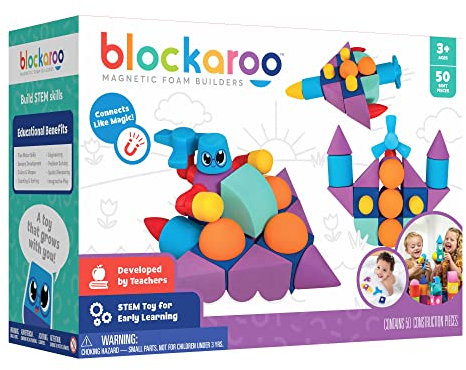 Blockaroo Magnetische Baukloetze als Lernspiel Fuer Kinder, paedagogisches Wasserspielzeug Set Fuer kreative Konstruktionen, optimal Fuer die Bannewanne, Konstruktions Box mit 50 Bausteinen