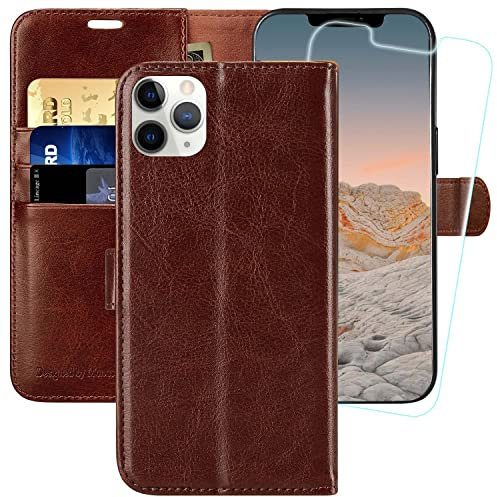MONASAY iPhone 12 Pro Max Wallet Case,6.7-inch, [Glass Screen Protector Included] [RFID Blocking] Flip Folio Leather Cell Phone Cover with Credit Card Holder for iPhone 12 Pro Max,Brown