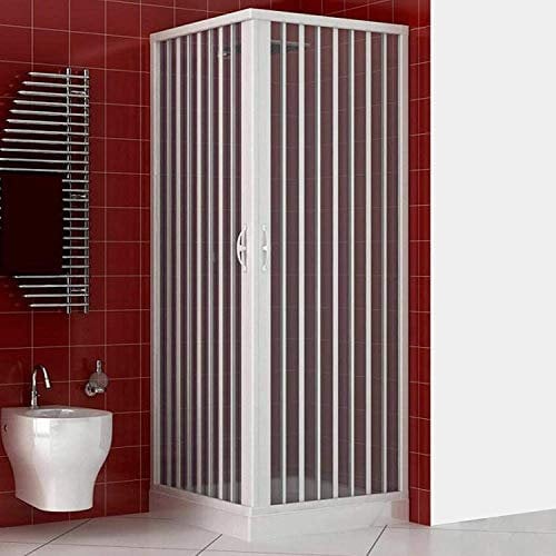 Cabine de douche 80 x 80 x (h) 185 cm, modèle Paola en PVC. Cabine avec ouverture d'angle, double porte semi transparente à soufflet, réductible, réversible, de couleur blanche.