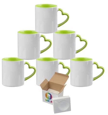 MR.R Set mit 6 Sublimations-Kaffeetassen, blanko, 333 ml, Tasse, blanko, weiße Tasse mit grüner Innenfarbe, Tasse und Herzgriff