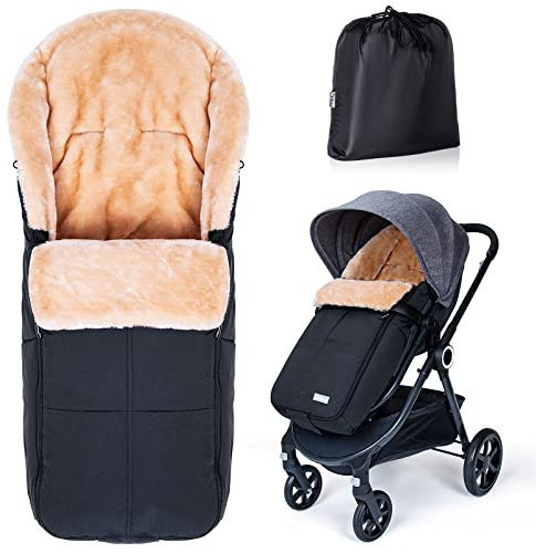 Orzbow Künstliches Schaffell Winterfußsack für Buggy | Waschbar Baby Fußsack Kinderwagen für Babyschale | Wetterfest Baby Schlafsack Winter Passend Für Kinderwagen (Schwarz)