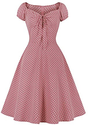 IWEMEK Femmes Vintage Retro Pois Robe Trapèze Rockabilly Années 1950 Audrey Hepburn Style Années 50 60 Encolure Coeur Robe de Cocktail Soirée Fête Business L'été Casual Robes Rose M