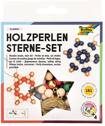 folia 22521 - Holz-Perlen Sterne Set Classic, Bastelset mit 160 Holzkugeln und einer goldenen Schnur zum Auffädeln, zum Basteln von Sternen und Anhängern