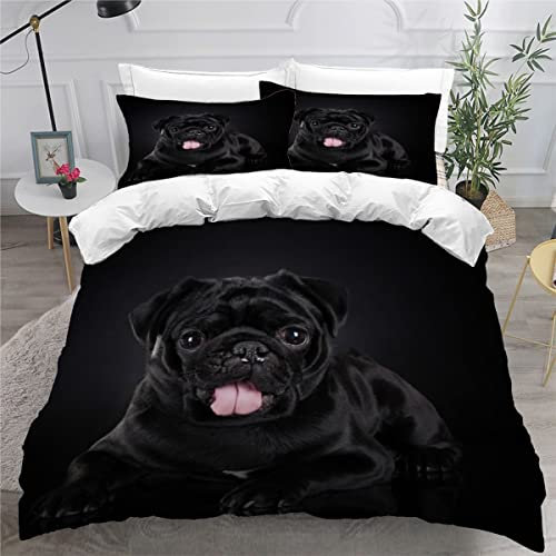 AOYNP Bettwäsche 135x200 Schwarzer Mops 3D Druck Weiche Mikrofaser Bettwäsche Set Kinder Jungen Mädchen Kawaii Haustiere Welpe Bettbezüge mit ReißVerschluss und 2 Kissenbezug 80x80cm