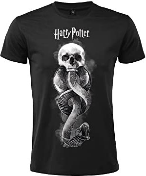 Sabor srl T-Shirt Maschera Voldemort Marchio Nero - T-Shirt Maschera Mangiamorte Costume - Maglietta Serpeverde - Maglia Nera Cotone Uomo Donna Adulto Ragazzo (IT, Testo, XS, Regular, Regular, Nero)