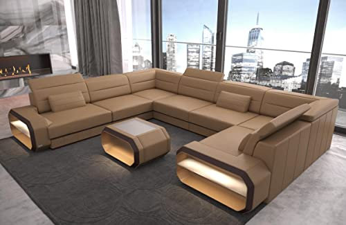 Wohnlandschaft Verona Ledersofa U Form Sofa - mit LED Beleuchtung, verstellbare Kopfstützen/Lederfarben wählbar/Ausrichtung wählbar (Lange Seite Links, Sandbeige-Dunkelbraun)