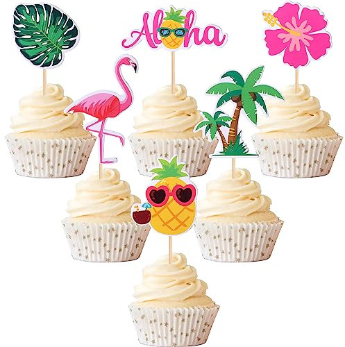 Xsstarmi 36 PCS Tropical Aloha Luau Cupcake Toppers Palm Tree Flower Turtle Leaves Flamingo Pineapple Cupcake Picks Cake Decorations for Summer Hawaiian Tropical Luau Aloha Theme Birthday Party…