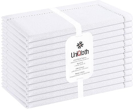 UniQloth 12er-Set Stoffservietten mit Hohlsaum - Für Familienessen, Feste, Partys & den täglichen Gebrauch - Weich Gemütlich Maschinenwaschbar 100% Baumwolle Servietten 46x46 cm Weiß