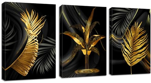 3 Teilig Goldenes Blatt Leinwandbilder Bilder Abstrakt Palmblatt Farn botanisch Blätter bild auf leinwand Wandkunst Modern Wandbilder Kunstdruck Deko für Wohnzimmer Schlafzimmer 120x60cm(40x60x3)