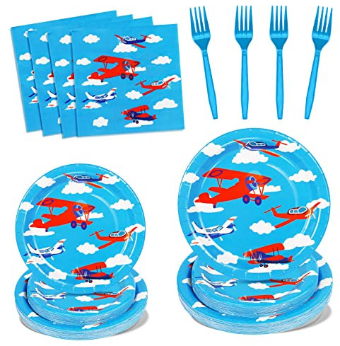 Nkaiso Party Tableware, 96 Pieces Aircraft Theme Kids Birthday Party Plates Party Supplies Set Includes Paper Plates Napkins Reusable Cutlery, for Birthday Decorations Christening Shower-24 Guests
