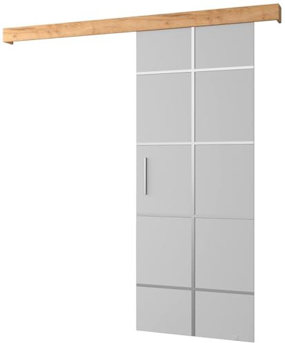 KRYSPOL Schiebetürsystem Salwador 3 Komplett-Set für Schiebetüren, Trennwände Innentüren, Modern Design (weiß matt/Gitter: Craft Gold Eiche/Griff und Streife: silber)