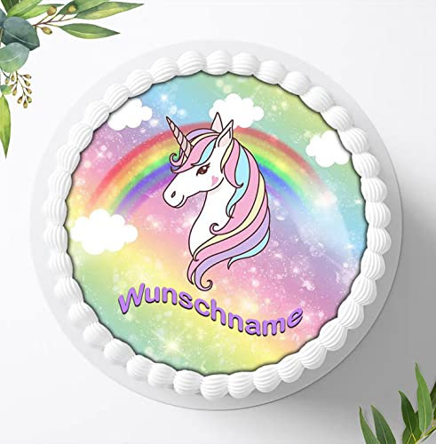 Für die Geburtstags Torte, Zuckerbild kompatibel mit: Einhorn Tortenbild Personalisiert, Essbares Foto für Torten, Fondant, Tortenaufleger Ø 20cm, 0269z