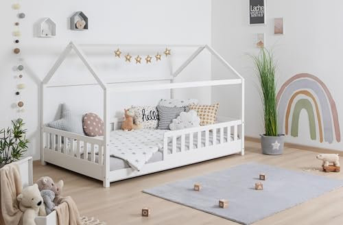 TiCAA Kinderbett Hausbett Kay 90x200 Kiefer weiß