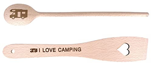 Balna Kochlöffel Holz Wohnmobil Holzkochlöffel mit Camper Motiv + Pfannenwender Herz Gravur (I Love Camping) Geschenk Gadgets