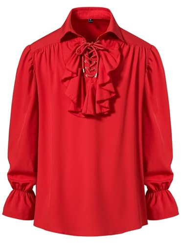 Herren Retro Renaissance Steampunk viktorianischen Langarm Jabot Kragen Mittelalter Pirat Schnürhemd Tops