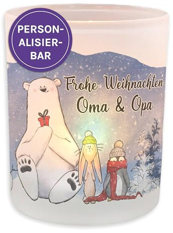 FEENSTAUB Windlicht Glas, Weihnachten Deko Winter, Teelichthalter Glas personalisiert mit Name, Deko Winter Innen, Kerzenglas Deko, Tischdeko Windlicht mit Spruch, Nordpol