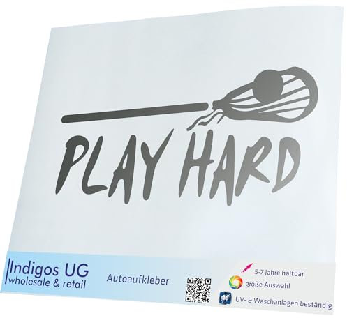 INDIGOS UG Auto Aufkleber Play Hard - Silber - 149x69 - konturgeschnittener Autoaufkleber ohne Hintergrund - Selbstklebender Sticker für Auto, Fenster, Bus oder LKW - UV-beständig & wetterfest