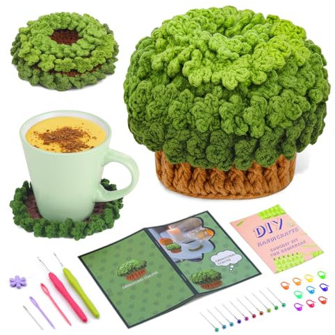 kdafio Crochet Kit for Beginners, 6Pcs Coasters Plant Pot Crochet Kit Coaster Crochet Starter Kit with Step-by-Step Instructions and Video Tutorials Complete Crochet Kit for Beginners Decoration