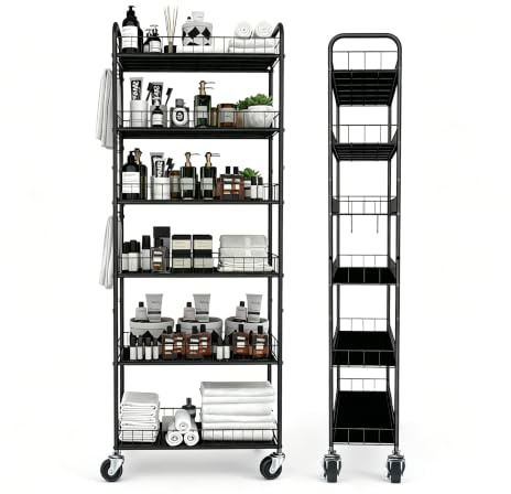 Seadasyoon 6 Tier Slim Rolling Storage Cart, Mobile Shelving Unit with Wheels, Metal Wire Storage Rack with Baskets for Kitchen Bathroom Office Laundry Narrow Piaces (10in Rolling Cart)