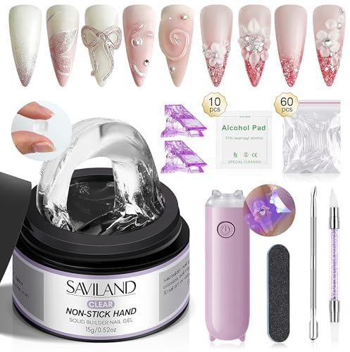 SAVILAND Solid Sculpture Builder Gel for Nails: 15g Clear Non-Stick Hand Nail Extension Gel with Mini Nail Lamp Nail Clips Cuticle Pusher 3D Carving Nail Art